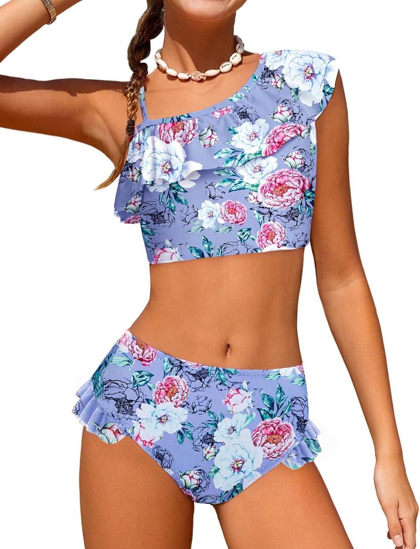 Arshiner Girls Two Piece Swimsuit Ruffles Flounce Printed Bikini Set Swimwear Girl Bathing Suits with Chest Pad 4-15 Years (Pattern 13)