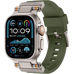 Band Compatible with Apple Watch Ultra 3/2/1 Band 49/46/45/44mm | Metal Connector with Silicone Rugged Strap for iWatch Ultra Series 11/10/9/8/7/6/SE3/SE2/SE/5/4/3/2/1, Army Green/Titanium