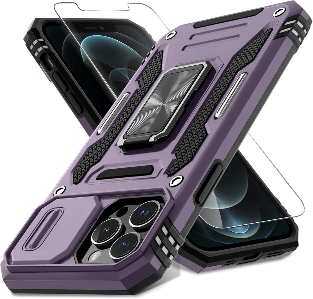 DEERLAMN Case for iPhone 13 Pro Max with Slide Camera Cover+Screen Protector(1 Pack),Rotated Ring Kickstand Military Grade Shockproof Protective Cover 6.7 Inch-Deep Purple