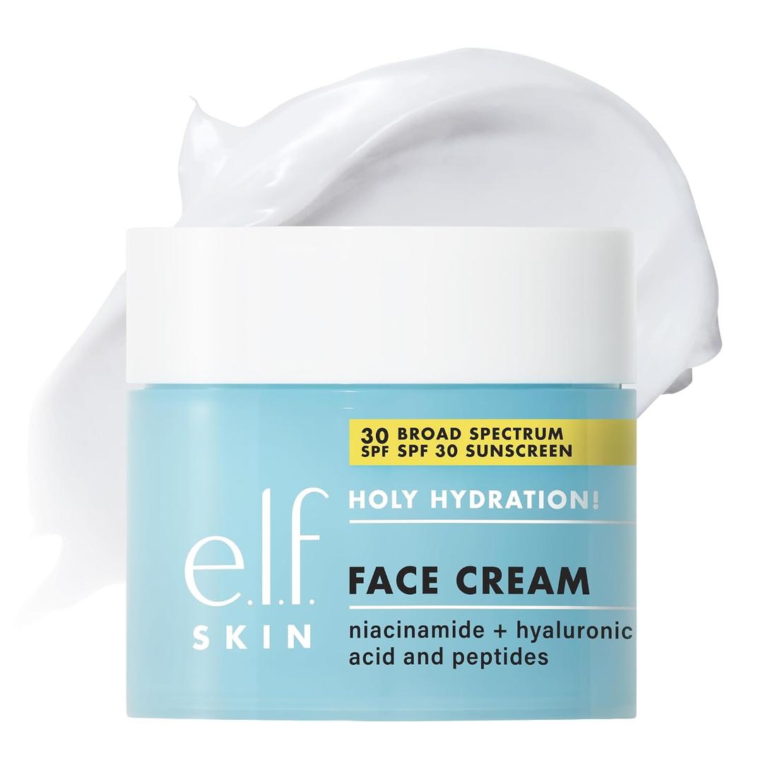 e.l.f. Holy Hydration! Face Cream Broad Spectrum SPF 30 Sunscreen Moisturizer, Made with Hyaluronic Acid, Niacinamide & Peptides, Lightweight Daily Protection, 1.7 oz