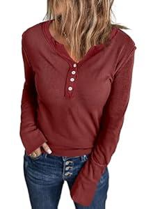 Acelitt Womens Plus Size Long Sleeve T-Shirts 2024 Fall Fashion Trendy Waffle Knit Henley Shirt Casual Loose Basic Tees Crewneck Pullover Tops Blouses Red XX-Large