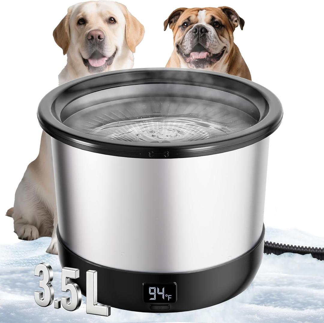 3.5L Heated Water Bowl, Stainless Steel Heated Dog Bowl with Digital Display and Adjustable Temperature, Heated Outdoor Pet Water Bowl Provides Warm Water for Dogs (Black)