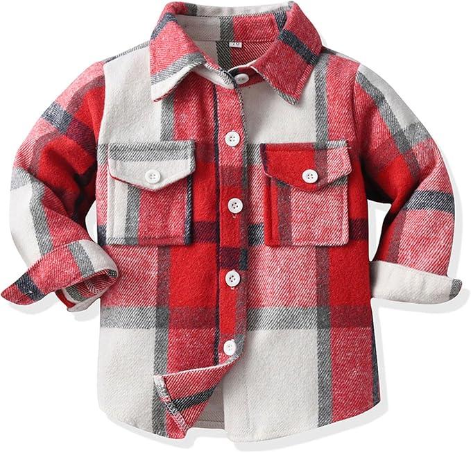Toddler Boys' Girls' Flannel Plaid Shirt Button Down Long Sleeve Jacket Lapel Shacket Coat Tops Casual Outwear (18 Months, 80)