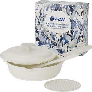 FDN 10-in-1 Titanium Saute Pan With Lid, 8 Inch Frying Pan With Silicone Spatula, Non Toxic PFAS-Free Cooking Pan, Induction Oven & Dishwasher Safe, Cream White For Daily Cooking