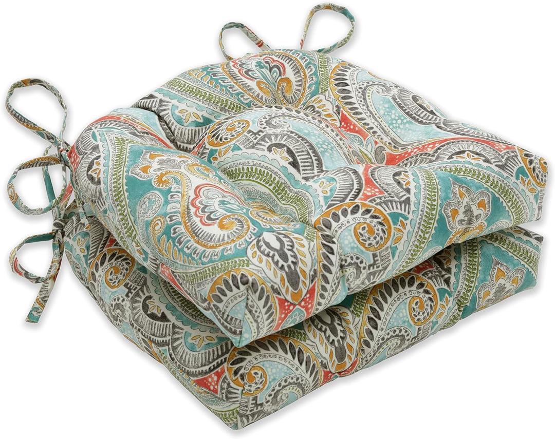 Pillow Perfect Paisley Indoor/Outdoor Chairpad with Ties, Reversible, Tufted, Weather, and Fade Resistant, 15.5" x 16", Blue/Multi Pretty, 2 Count