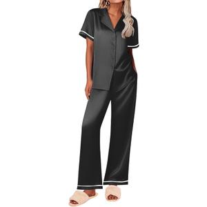 Ekouaer Women's Silk Pajamas Set Short Sleeve Satin Pjs 2 Piece Soft Loungewear with Pants Button Down Sleepwear,Black,XXL (Black, XXL)