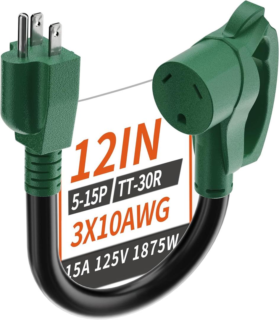 PlugSaf 12 inch RV 30 Amp to 110 Adapter, 10/3 Gauge Heavy Duty RV Electrical Adapter for Camper 1 FT, NEMA 5-15P to NEMA TT-30R, STW 10AWG 15A 125V 1875W, Green-Black, ETL Listed
