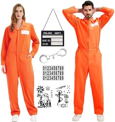 aicoaub Prisoner Jumpsuit Costume Women Men 6PCS Orange Prison Jail Inmate Halloween Costume Cosplay Outfit for Women Men, Size: M