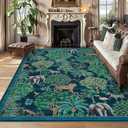 COZYLOOM 10x13 Rug for Bedroom, Washable Low Pile Non-Slip Carpet, Ultra Soft Jungle Animal Floral Modern Rug, Stain Resistant Portable Floor Cover for Nursery, Playroom, Living Room, Blue