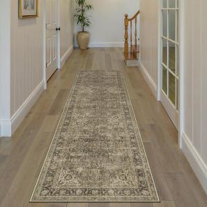 3x8 Washable Runner Rug Brown Vintage Non Slip Soft Low Pile Hallway Kitchen Rug Distressed Oriental Carpet for Laundry Bathroom Bedroom Living Room Home Decor