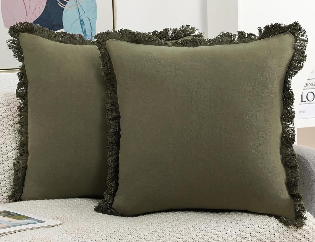 Set of 2 Natural Linen Fringed Throw Pillow Covers,Olive Green Neutral Decorative Pillowcase with Chic Tassel Burlap Boho Square Cushion Covers for Couch Sofa Farmhouse,22x22 inches (22" x 22" (Pack of 2))