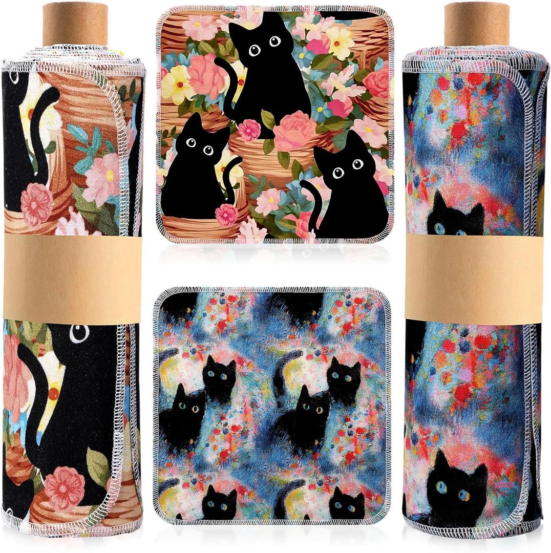 Redbaker 50 Pcs Reusable Paper Towels Paperless Reusable Cotton Cloths Toilet Absorbent Washable Paper Towels with Roll Kitchen Dishcloth for Kitchen Paperless Dishcloths (Black Cat)