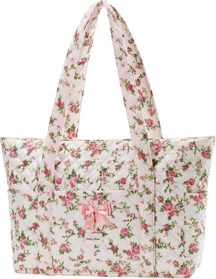 Molly Moon Floral Quilted Tote Bag for Women, Rose Tote Bag with Zipper, Quilted Cotton Shoulder Bag for Women, Pink Floral Bag for Travel, Daily, Women's Gifts for Sister Teachers