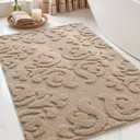 DEXI Bathroom Rug 17x30, Non Slip Washable Bath Mat for Shower Floor, Absorbent Soft Bathmat with Rubber Backing, Plush Fluffy Microfiber Floral Retro Carpet, Beige