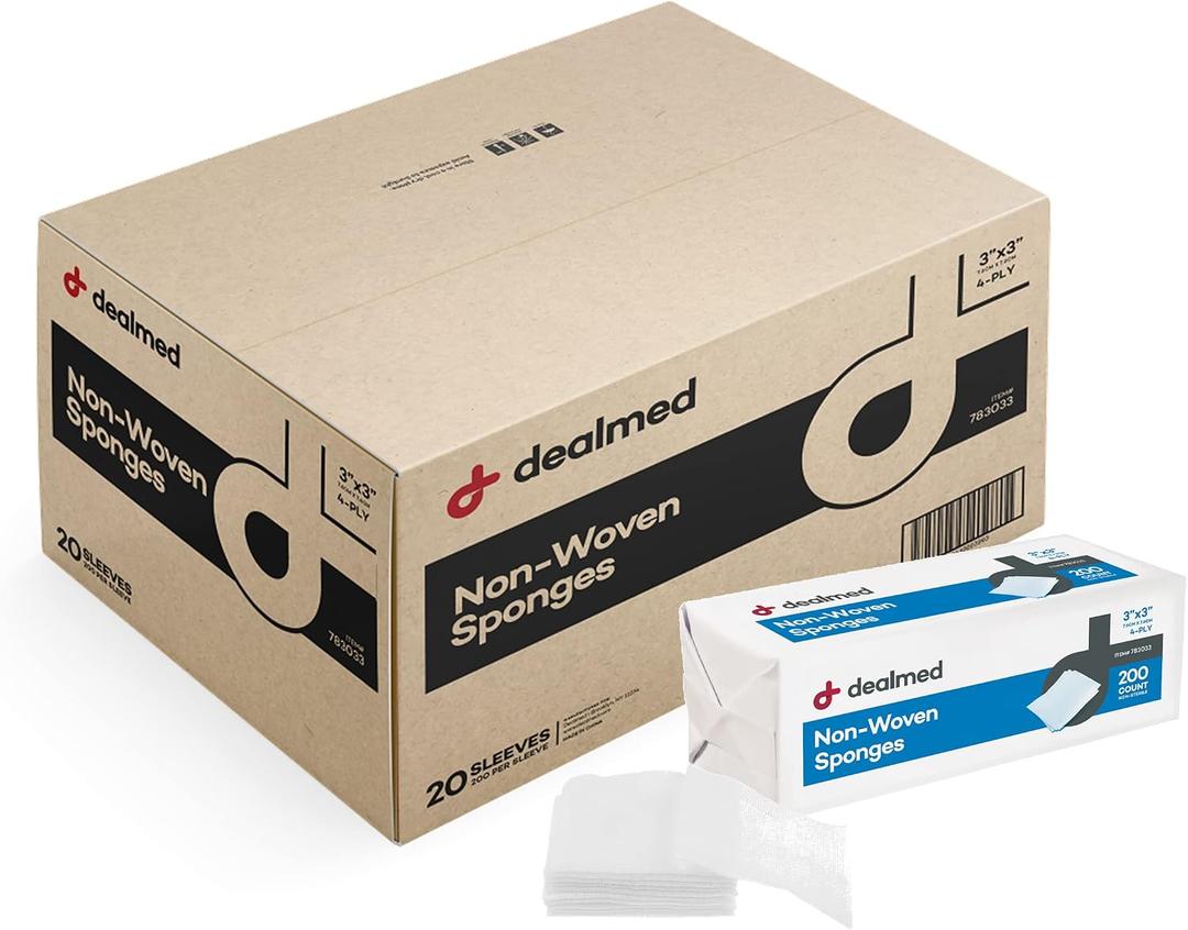 Dealmed 3" x 3" Non-Woven Gauze Sponges (200 Count) 4-Ply All-Purpose Non-Sterile Absorbent Dental Gauze Wound Care Product for First Aid Kit/Medical Facilities (Case of 20)