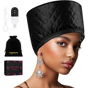 Heat Cap for Deep Conditioning, Ingeware Thermal Cap for Hair Steamer Cap for Natural Hair Portable Electric Heat Hair Spa Cap for Home Use Pattern (Solid Black)