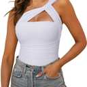 REORIA Womens Sexy One Shoulder Asymmetrical Leopard Print Mesh Ruched Backless Going Out Bodysuits Tops (Small, White)