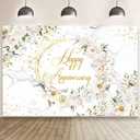 MEHOFOND 7x5ft Floral Happy Anniversary Backdrop White Feliz Aniversario Photography Background White Marble Flower Gold Glitter Dots Couple Wedding Party Engagement Decorations Photo Booth Props