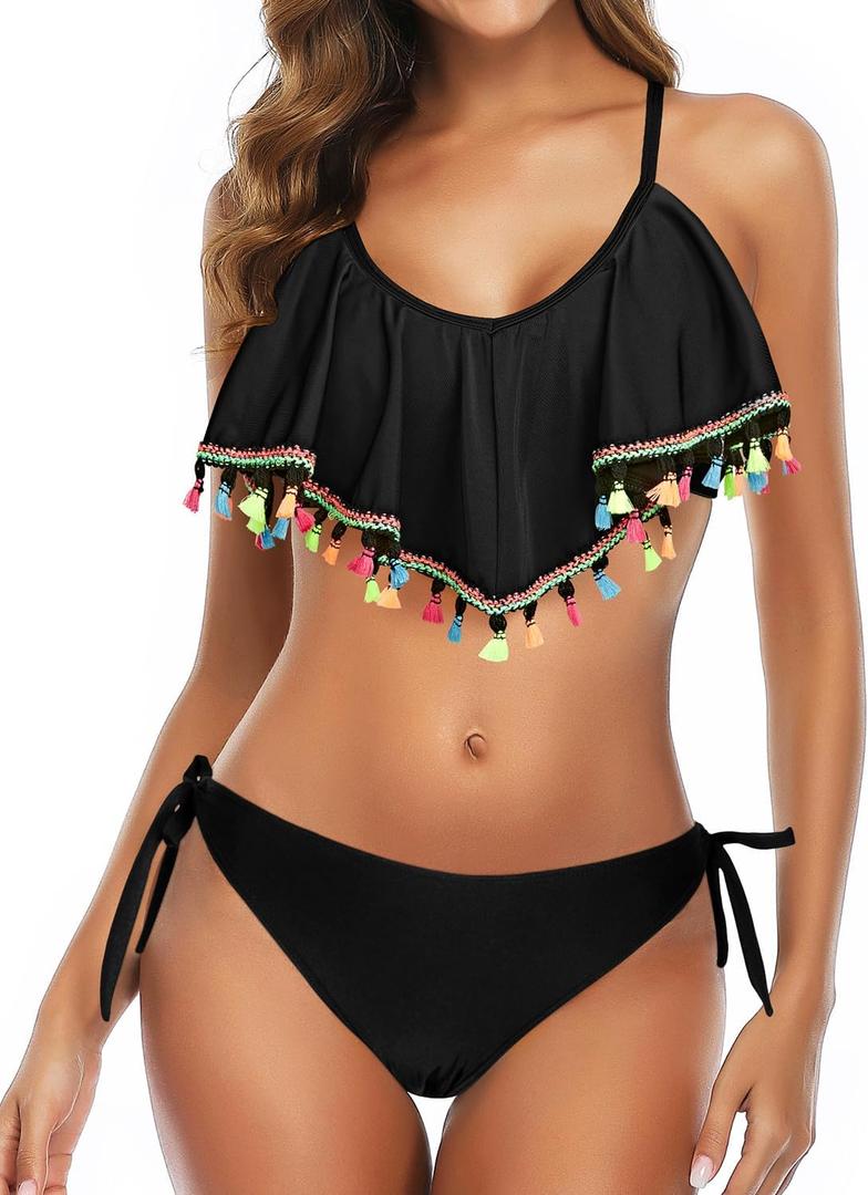 Tempt Me Two Piece Flounce Bikini Side Tie Bottom Padded Ruffled Top Swimsuit for Women Cross Back Bathing Suit (XX-Large, Black With Tassel)