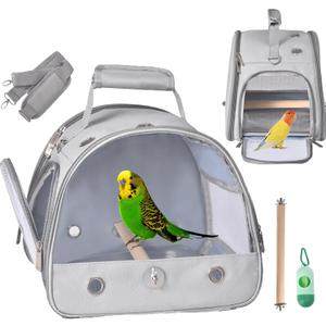 Bird Carrier Travel Cage with Stand, Small Bird Travel Carrier for Parrot with Perch, Side Access Window (Grey)