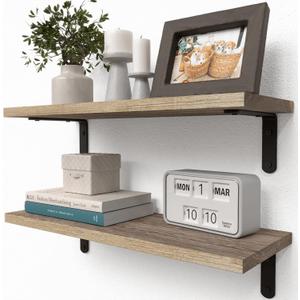 RICHER HOUSE Rustic Wood Shelves Set of 2, Farmhouse Style Floating Shelf for Wall Dcor, Hanging Shelves for Bathroom, Bedroom, Storage, Kitchen, Living Room - Carbonized Black (2 Pcs:16.54in)