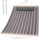 SUNCREAT Double Quilted Hammock with Hardwood Spreader Bar, Extra Large Soft Pillow, Heavy Duty 2 Person Hammock for Indoor, Outdoor, Gray Stripes
