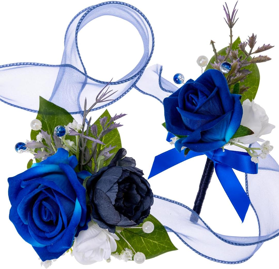 Fnize Corsage and Boutonniere Set for Prom Homecoming Graduation Wedding, Silk Wrist Corsages for Women and Boutonniere for Men with Faux Rose Artificial Peony (Royal Blue)
