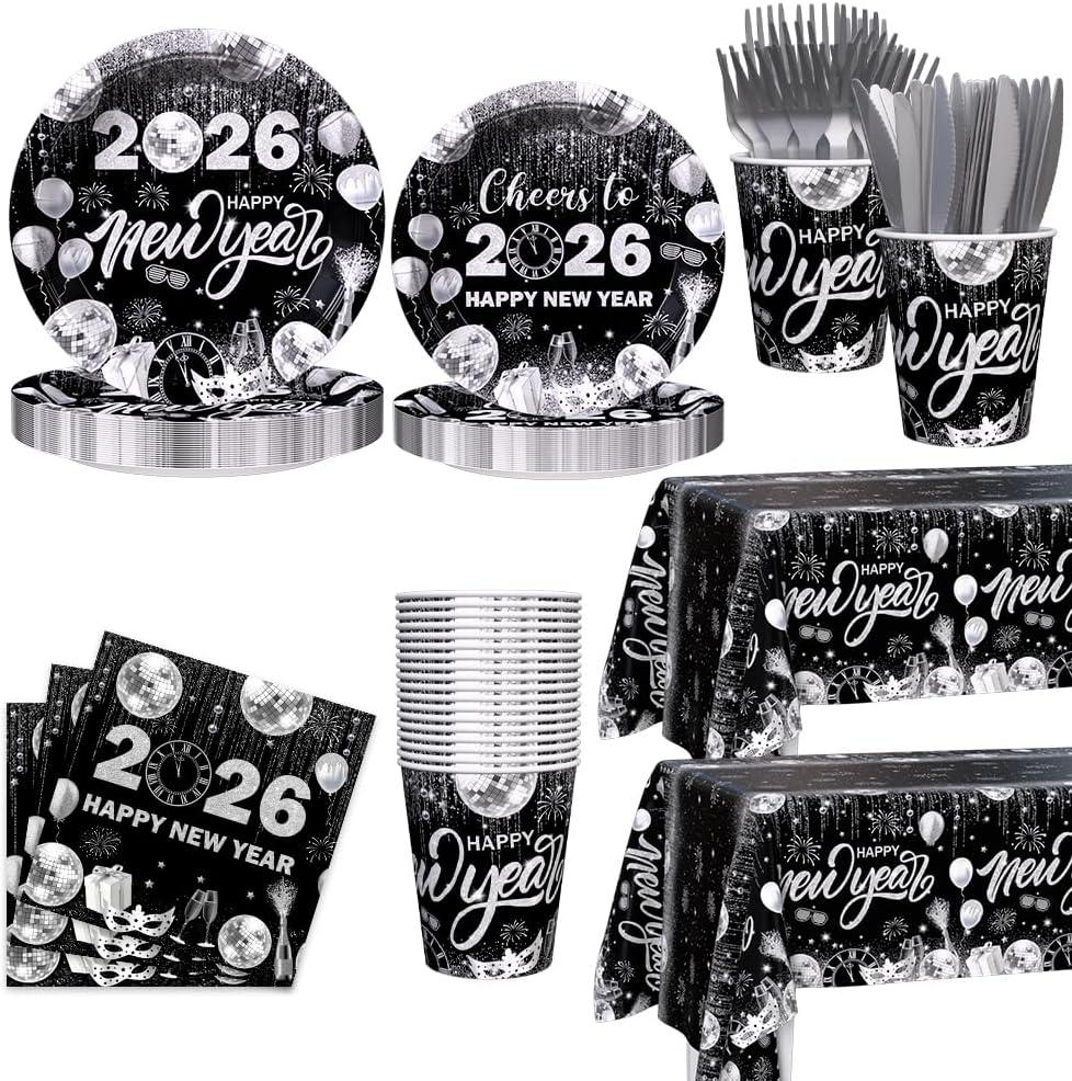 194pcs Happy New Years Eve 2026 Party Decorations for New Year Party Plates, Cup, Napkin, Tablecloth, Tableware, Black Silver Disco Disposable Party Supplies Plates Serve 24 Guests (Black and Sliver)