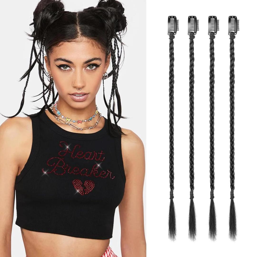 Flufymooz 4PC Braid in Hair Extension 14 Inch Clip in Braid Extensions for Women Synthetic Hairpieces for Daily Use Party Styling (Natural Black)