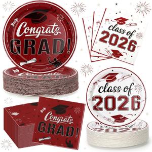 2026 Graduation Plates and Napkins, 9 Disposable Burgundy Paper Plates 7 Dessert Plates, Maroon Congrats GRAD Class of 2026 Party Supplies Tableware Set Graduation Party Decorations for 50 Guests