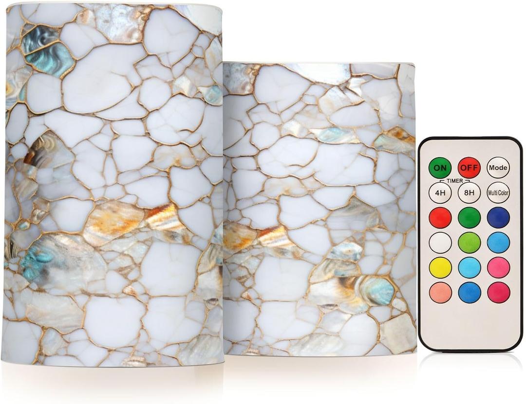 ALAZA Marble Textures Flameless Candles, LED Pillar Candles with Remote Timer, Battery Operated Candles Set of 2