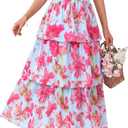 BTFBM Womens Square Neck Smocked Dress Summer Puff Short Sleeve Floral Casual Ruffle Tiered Maxi Wedding Guest Dresses (Floral Light Blue Pink)