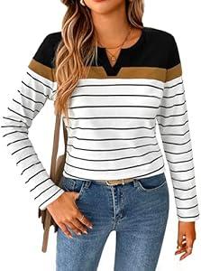 SOFIA'S CHOICE Women Striped Long Sleeve T Shirt V Neck Basic Casual Cute Shirts Multicoloured 3X-Large