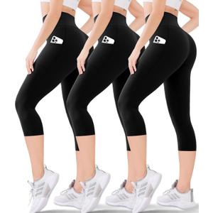 Blisset Women's High Waisted Capri Buttery Soft Tummy Control No See Through Workout Athletic Running Yoga Cycling (XX-Large, 201-pockets 3 Pack Black)