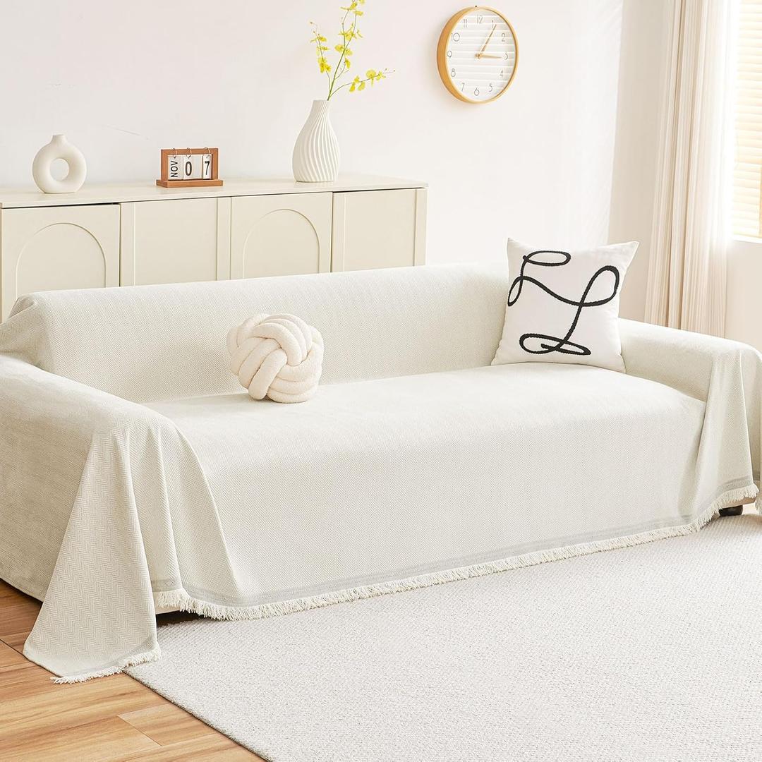 hyha Couch Cover for Dogs, Boho Sofa Covers for 3 Cushion Couch Washable, Chenille Sofa Slipcover for Pets, Soft Loveseat Sectional Couch Throw Blankets with Tassels (Beige, 88.5x118 Inch)