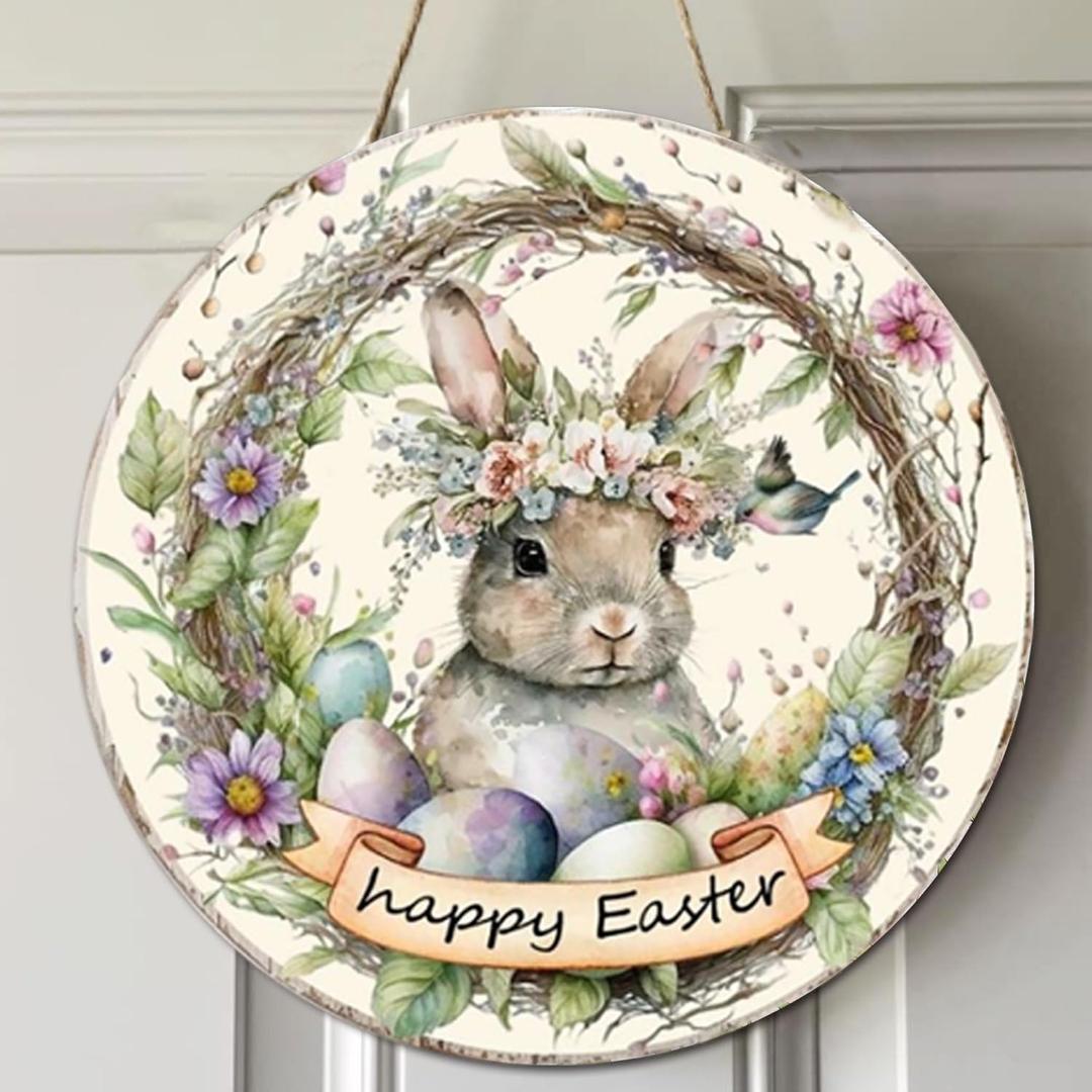Easter Wreaths,SWEKKE Easter Wreath for Front Door, Wooden Easter Bunny Egg Decor Door Sign Wreath 12 Inch, Easter Welcome Door Sign Happy Easter Decorations, Easter Flower Rabbit Welcome Door Sign (Green,gray)