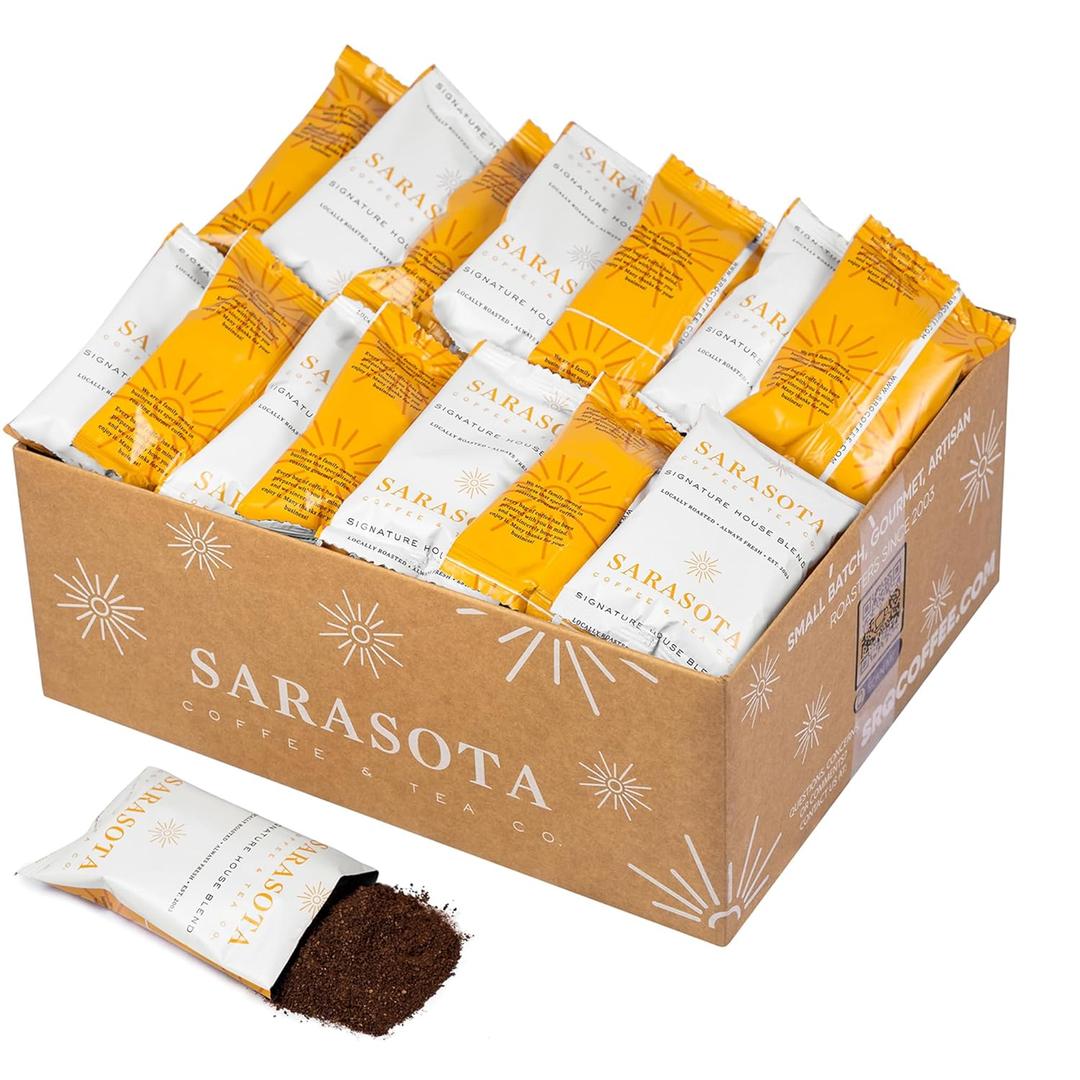 Sarasota Coffee Ground Packets | Gourmet Medium Roast Bulk Packs | Breakfast Blend | Low Acid Mold Free Individual Single Pot Pouches for 12 Cup Coffee Maker | 2 Ounce Bags, 36 Count (2 Ounce (Pack of 36))