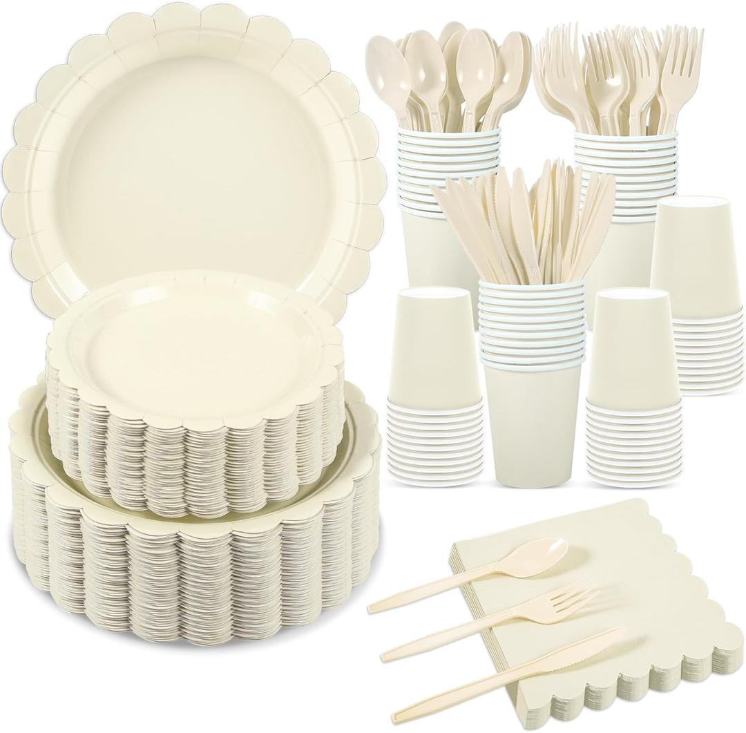 350 Pcs Ivory Dinnerware Sets, 9" Party Plates, 7" Cream Dessert Plate, 9oz Cups & Cutlery, 50 Guest Beige Scalloped Disposable Plates Set for Baby Bridal Shower, Wedding, Birthday