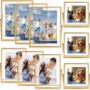 Treela 9 Set Gold Frames 7x9/6x8/6x6'' for Picture Size 4x4, 4x6, 5x7, Metal Glass Vintage Brass Floating Photo Frame Vertical Tabletop Display for Wedding Home Desk Decor(Frame Size 7x9/6x8/6x6'')