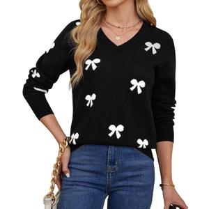 Womens V Neck Knit Sweaters Long Sleeve Lightweight Pullover Printed Cute Tops Winter Casual Fashion Outfits (Large, Black)