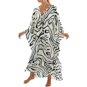 cthseie Women Animal Print Kaftan Dresses Plus Size Swimsuit Coverup 2025 Summer Bathing Suit Caftan Loungewear Beach Dress (Black White Lines)