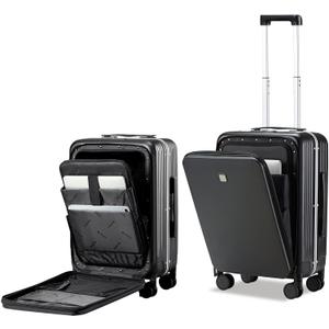 Hanke Grace Hard Shell Suitcases with Wheels,20 Inch Carry On Luggage Airline Approved with Aluminum Frame, Travel suitcase with Front Pocket Travel Luggage for Short Business Trips, Jet Black. (20 Inch Middle no opening)