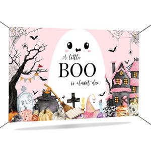 2 x Mocsicka A Little Boo is Almost Due Backdrop Banner Pink Halloween Baby Shower Decorations Backdrop Cute Ghost Castle Little Boo Baby Shower Decorations Photo Booth Props 70.8 x 43.3 Inch