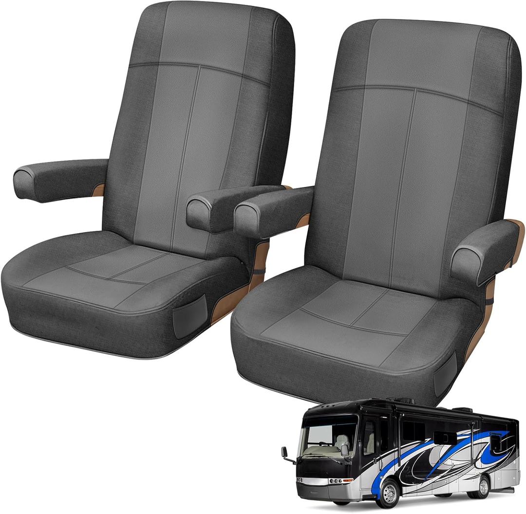 2 Pack Leather RV Seat Covers for Captain Chairs, Driver & Passenger Seats, Motorhome Van RV Seat Cover with Arm Rest Covers, Dark Gray