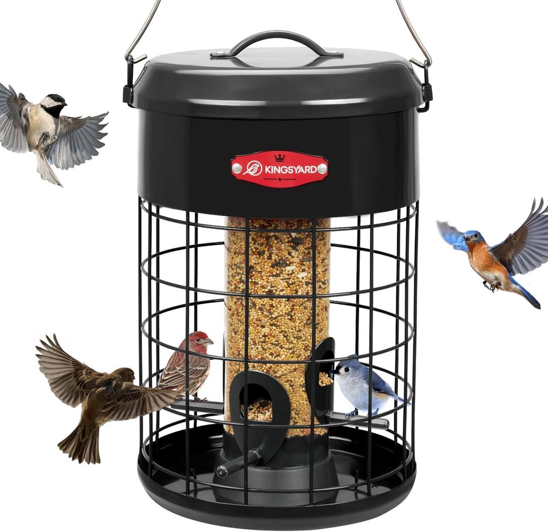 Kingsyard Upgraded Squirrel Proof Caged Bird Feeder for Outdoor Hanging - Additional Storage Tube Bird Feeder with 4 Feeding Ports & Perches, Easy to Clean & Refill. Black