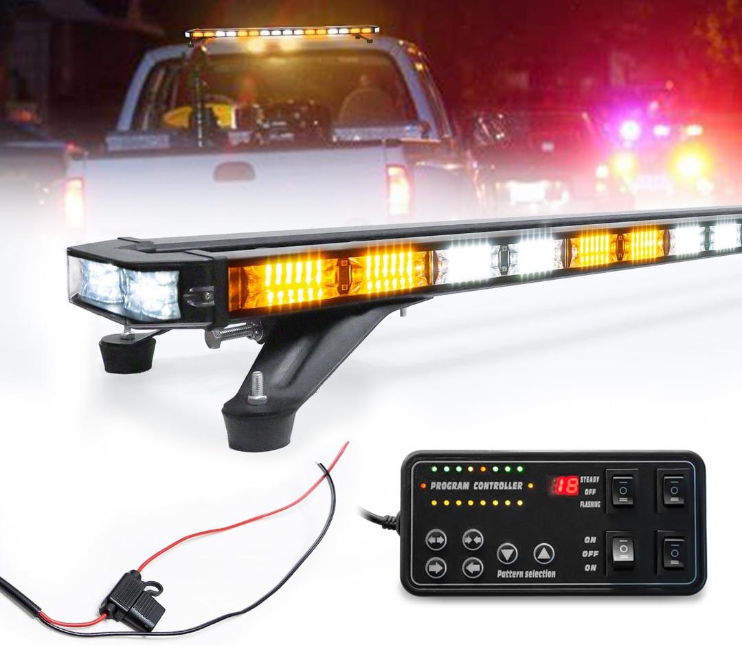 LUMENIX 48 Inch Rooftop Strobe Emergency Lights Bar Heavy-Duty Warning Flashing Traffic Lightbar w/LED Alley and Take Down Light for Construction Vehicles Towing Work Trucks Snow Plows - White Amber