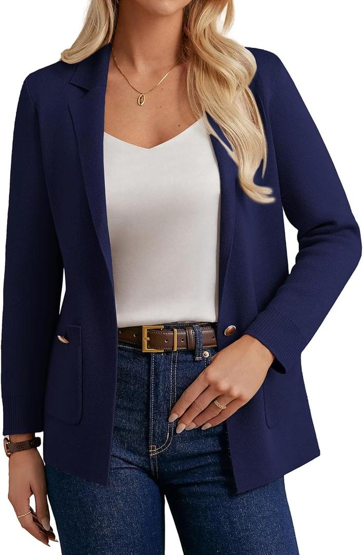 GRACE KARIN Women Sweater Blazers Business Casual Long Sleeve Work Cardigan Open Front Lapel Suit Jackets with Pockets (Large, Navy Blue)