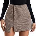 WDIRARA Women's Side Slit Metallic Trim High Waisted Faux Leather Short Skirts (Medium, Brown Plaid)