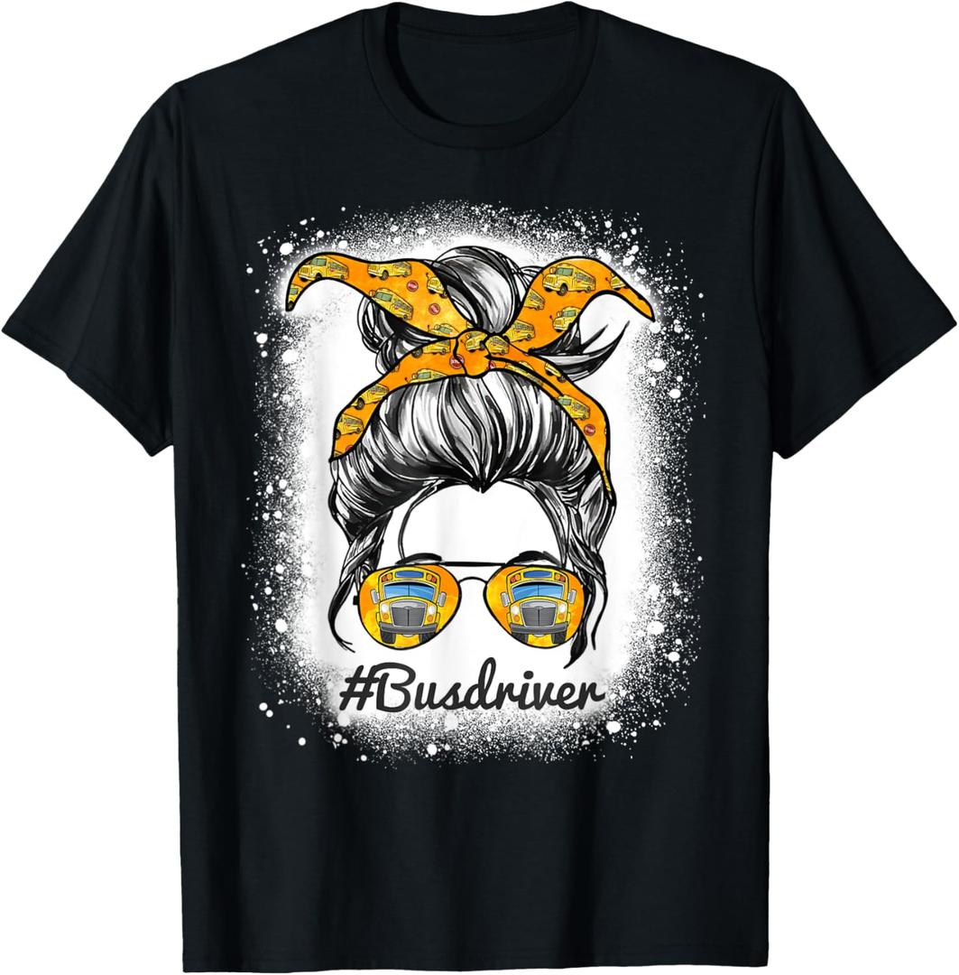 Womens Bus Driver Life Messy Bun Hair Cute School Bus Driver T-Shirt (Small, Black)