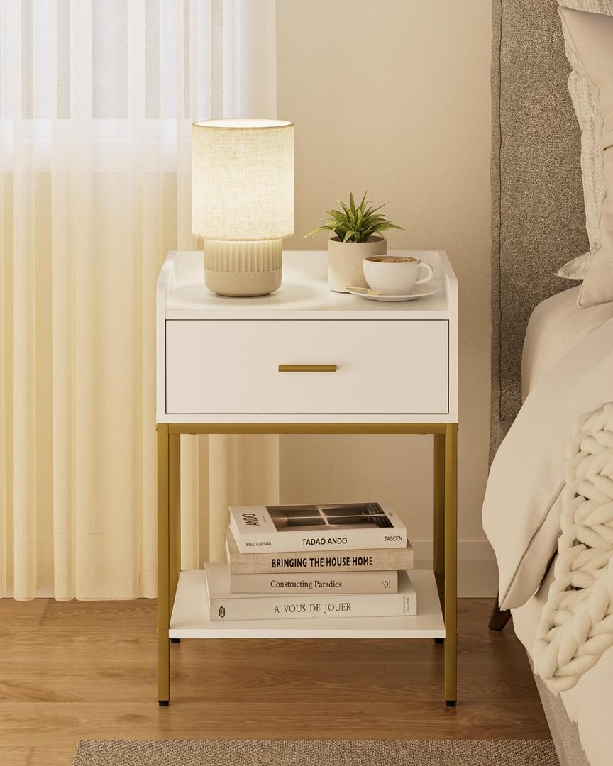 Masupu Nightstand,3-Tier Modern Bedside Night Stand with Storage Drawer and Shelf,Small End Side Table for Bedroom,Living Room,White (Without Outlet, White)